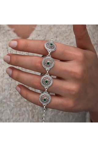 Artsmagazinmücevher Gümüş Telkari Zümrüt Taşlı Kadın Bileklik