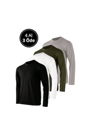 Rich Erkek Siyah-beyaz-grimelanj-haki 4'lü Paket Basic Uzun Kollu Tişört Body T-shirt Siyah