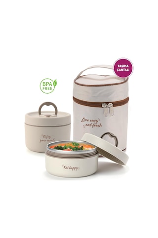 House Pratik Hp107 Çantalı Paslanmaz Çelik 2'li 600 + 440ml Lunch Box Yemek Kabı Krem