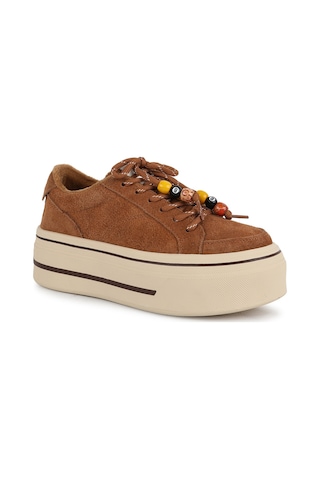 Guja Kadın Sneaker 366-2 Camel Hakiki Dokulu Süet Renkli Boncuk Bağcık Detaylı Yüksek Kalın Platform Taban Rahat Günlük Spor Ayakkabı