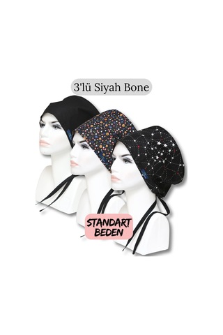 Standart Beden 3lü Siyah Bone Siyah Tek Renk Siyah Çıtır Siyah Takım Yıldızı Cerrahi Bone Renkli