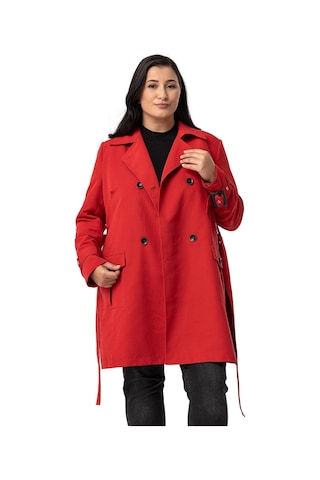 Büyük Beden Kruvaze Kolu Bant Detaylı Cepli Kuşaklı Astarlı Kırmızı Trençkot Kırmızı