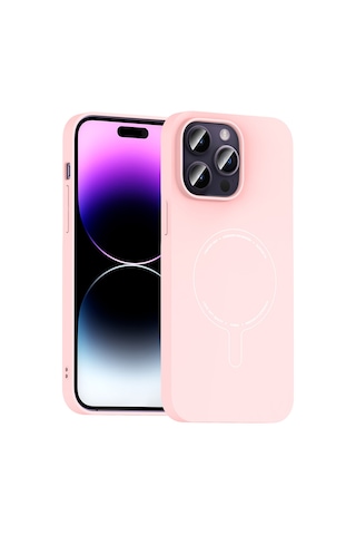 iPhone Uyumlu 14 Pro Max Kılıf M-safe Şarj Özellikli Kamera Korumalı Ata Elio Sert Pc Kapak - Açık Pembe Çok Renkli