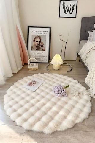 Bubble Yuvarlak Krem Uzun Tüylü Yumuşak Peluş Kaymaz Yıkanabilir Salon Oturma Odası Balkon Halı 200 X 200 Çok Renkli