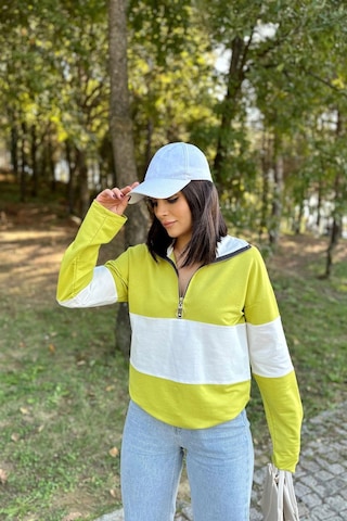 WeShaya Kadın Yağ Yeşili Uzun Kol, Dik Yaka, Fermuarlı, Double Color Block Basic Sweatshirt Bluz Yağ Yeşili