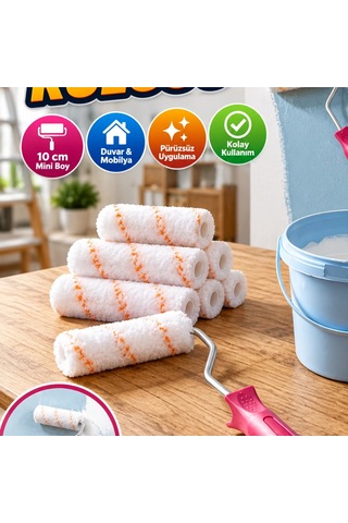10 Cm Mini Boya Rulosu Seti 6 Yedek Rulolu Duvar Ve Mobilya Boyama Aparatı