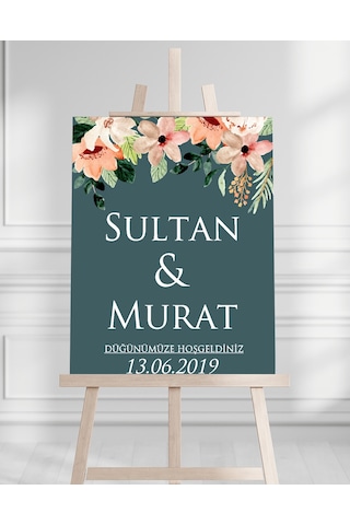 Söz Nişan Düğün İçin 50x70 Karşılama Panosu - Renkli Çiçek Tasarımlı 004 Beyaz