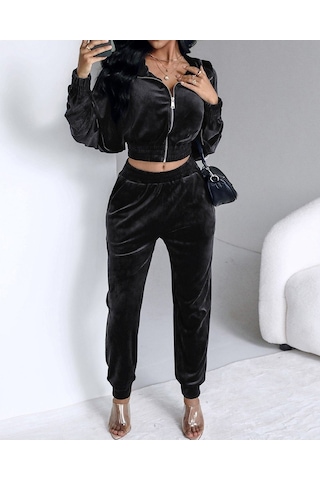 Soonaksesuar Kadın Uzun Kollu Önden Fermuarlı Krop Kadife Ceket Ve Pantolon Ikili Takım Siyah