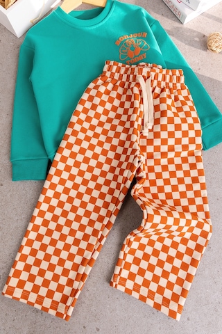 Babymod Erkek Çocuk Sweatshirt Turuncu Dama Desenli Pantolon İkili 3 İplik Altüst Takım Yeşil