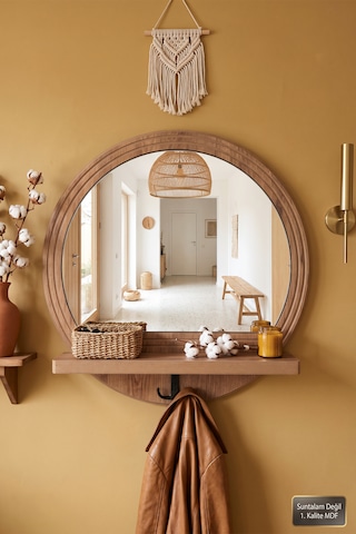 Antik Ahşap Desenli Dekoratif Ayna Raflı Askılıklı Banyo Oda Lavabo Wc Dresuar Koridor Konsol Mutfak Makyaj Aynası Yn-102 Atlantik Çam