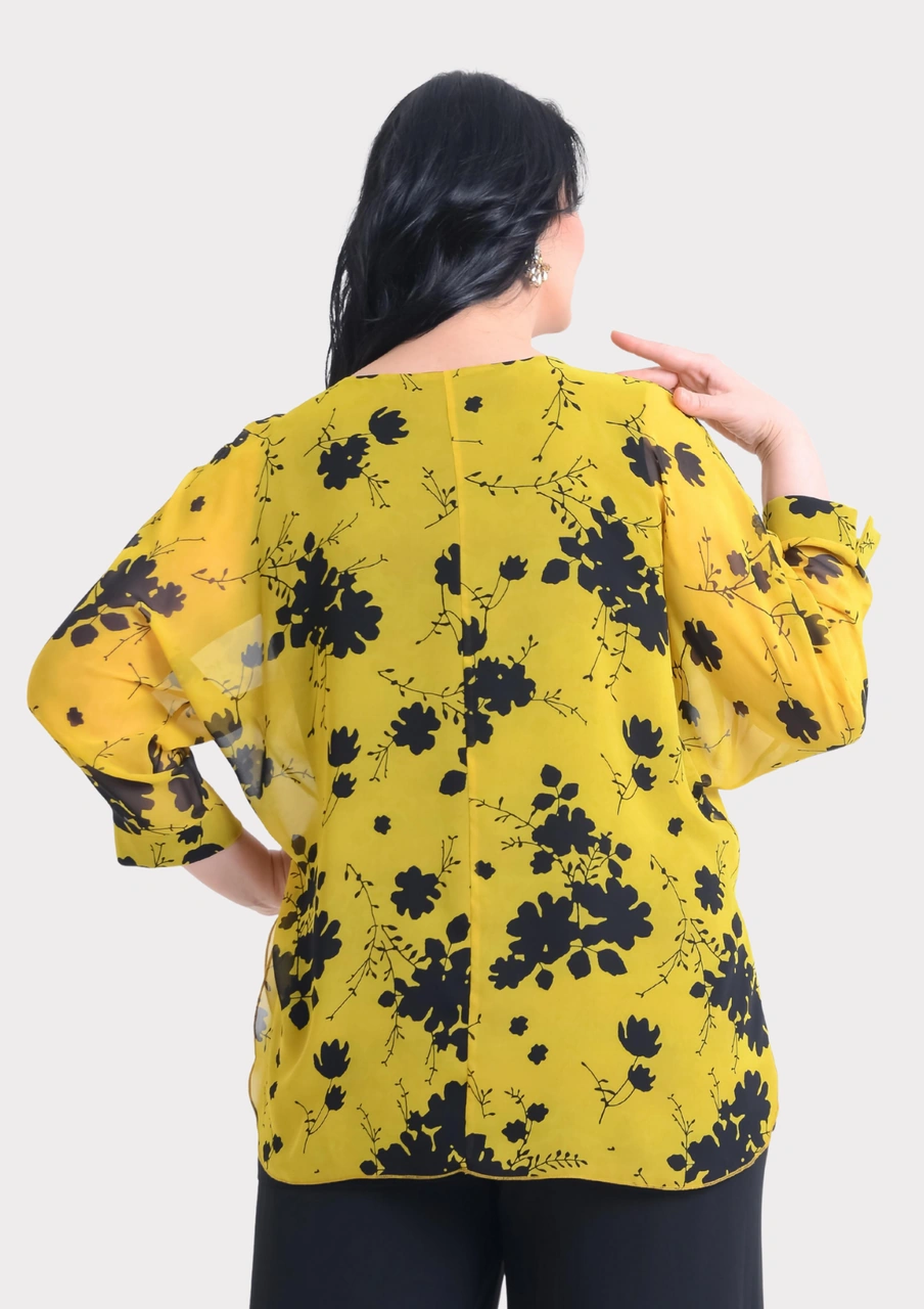 Lilas Xxl Büyük Beden Sarı Desenli Şifon Bluz Sarı