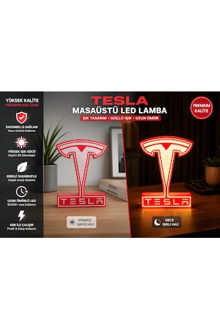 Tesla Masa Lambası , Tesla Logolu Led Işıklı Masa Lambası , Tesla Gündüz Gece Masa Lambası Siyah