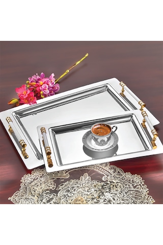 Porsima Yüzük 2li Paslanmaz Çelik Gümüş Sunum Tepsisi Gold Beyaz