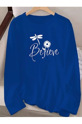 Ahes Shopping Kadın Uzun Kollu Bisiklet Yaka Çiçek Desenli Viskon Bluz Mavi