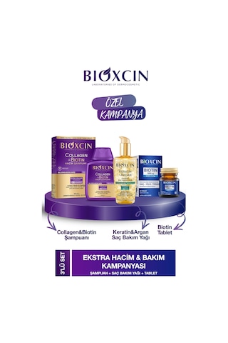 Collagen & Biotin Hacim Şampuanı 300ml + Biotin 5000mcg 60tab + Keratin Argan Saç Bakım Yağı