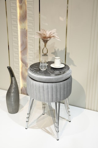 Bianco Metal Ayaklı Puflu Zigon Sehpa Krom Gümüş Gri Chrome Silver Gray