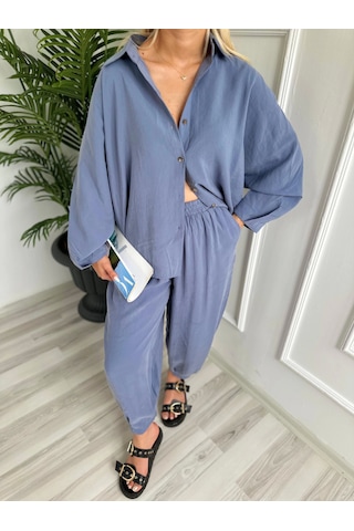 Keymoda Kadın Gömlek Pantolon Takım Gri Mavi Gri Mavi