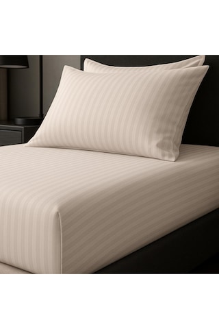 Satin Stripe %100 Pamuk Saten Çift Kişilik Çizgili Lastikli Çarşaf Seti Yastıklı 160x200+30 Bej