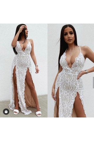 Fashion Cocktail Çift Çok Derin Yırtmaçlı Payetli Abiye Uzun Maxi Elbise Beyaz
