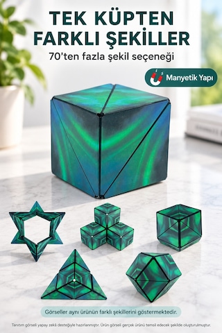 Manyetik Şekil Değiştiren Sihirli Küp Zeka Oyuncağı Stres Oyuncağı Aurora Yeşil 6x6x6 Cm