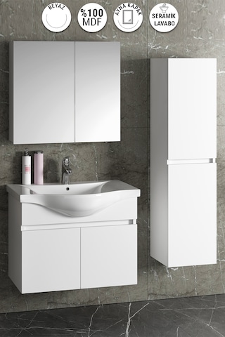 Yıldız 80+35 Cm Beyaz Mdf Sepetli Asma Banyo Dolabı Takımı Beyaz