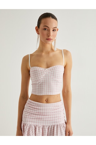 Koton İnce Askılı Crop Büstiyer Kalp Yaka Pembe Ekose 4sak10640ek Pembe