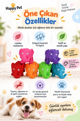 Happy Pet Origami Pals Elephant Lateks Renkli Origami Fil Köpek Oyuncağı Küçük Boy