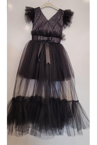 Kız Çocuk İçi Kısa Katkat Üstü Uzun Fırfırlı Abiye-7566-siyah Siyah