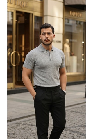 Veraura Lifestyle Erkek Düğme Yakalı Kısa Kollu Pamuk Triko Tişört gri