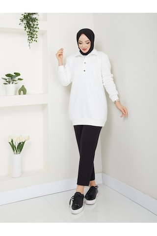 Raika Moda Kapşonlu 3 İplik Büyük Beden Tesettür Sweatshirt Ekru
