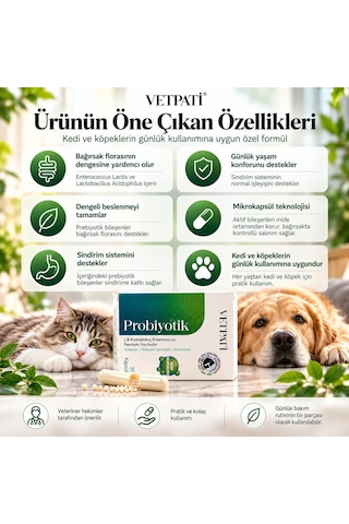 Vetpati Probiyotik Kedi Ve Köpekler İçin Probiyotik Prebiyotik Sinbiyotik Takviye 30 Kapsül