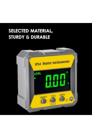 Moveevo Plastik Ip54 Su Geçirmez Lcd Ekranlı 4x90 Açı Ölçer, Tek Taraflı Mıknatıslı Dijital Seviye Cihazı Pil Dahil Değil - Sarı + Gri