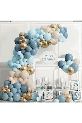 Okyanus Temalı Baby Shower Set 119 Parça Okyanus Mavi, Deniz Kumu, Krom Gold Ve Açık Mavi Balon Set