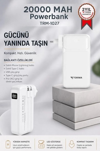 20000 Mah Type-c Lightning Powerbank Trm-1027 22,5w Yedek Güç Aktif Yaşam Kablolu Şarj Çok Renkli