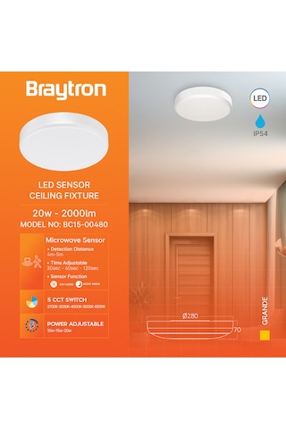 Braytron 5 Renk Sensörlü Grande 20w Sensörlü Led Tavan Armatürü Beyaz