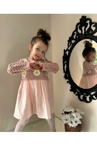 Kız Çocuk Çiçek Desenli Kroşe Müslin Pamuklu Prenses Hediye Doğum Günü Şık Elbise Pembe