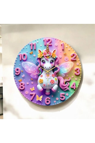 Minik Unicorn Renkli Baskı Tek Boynuzlu At Desenli Sayılı Hediyelik Ahşap Sessiz Duvar Saati 50cm ÇOk Renkli