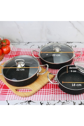 Meşeler Granit Omlet Sahan Seti 3 Lü Siyah - İnox 18  x 20 x 22 CM