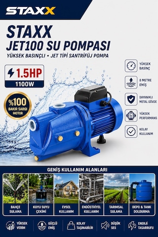 Staxx Stx1520mj Multijet100 1100w 1.5hp Tam Güç Tam Bakır Sargılı Jet Pompa Bahçe Sulama Hidroforu