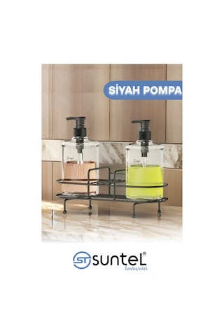 Suntel Siyah Pompalı Plastik Sıvı Sabunluk Seti 2 Li Metal Standlı Siyah