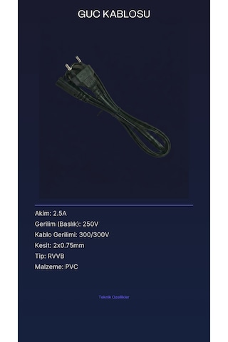 2 Pinli Güç Kablosu 1.5m 2.5a 250v - 2x0.75mm Teyp, Tv Ve Konsol Besleme Kablosu 1,5m