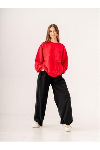Kız Çocuk Ekstrafor Kalp Detaylı Tasarım Sweatshirt-14225 Kırmızı