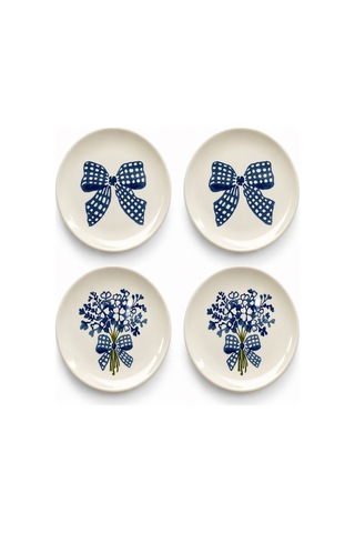 Blue Gift 4 Lü Çiçek Desenli Seramik Tatlı Tabağı 16 Cm Pasta Kahvaltı Sunum Tabak Seti Beyaz