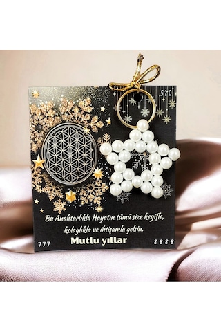 10 Adet İnci Anahtarlık Hediyeli Yılbaşı Tebrik Kartı Yeni Yıl Hediyesi