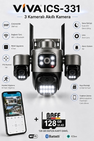Ics-331 3 Kameralı Akıllı Dış Mekan Ptz Wifi Güvenlik Kamerası 3mp, Icsee, Aı İnsan Takip, Çift Yönlü Ses + 128 Gb Hafıza Kartı Dahil