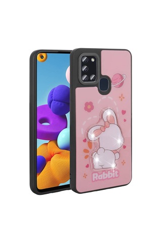 Zore Samsung Galaxy Uyumlu A21s Kılıf Parlayan Kabartmalı İkonik Figürlü Omsy Amas Silikon Kapak - Mor