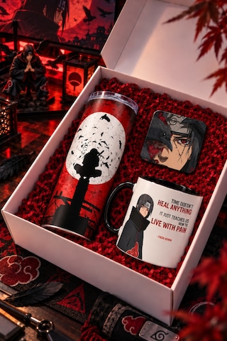 Anime Severlere Özel Naruto Itachi Desenli Hediye Seti Itachi Termos, Itachi Kupa, Itachi Bardak Altlığı