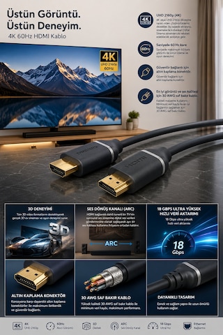 Philips Swv5610g/00 Hdmı 2.0 Kablo 1.5 Metre 4k 60hz 18gbps Arc 3d Ethernet Altın Uçlu