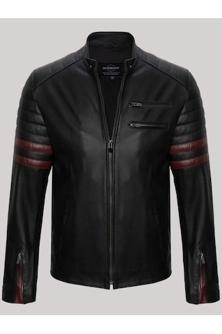 Hakiki Kuzu Derisi Siyah Erkek Deri Mont Dik Yaka Kolları Fermuarlı Deri Ceket Siyah