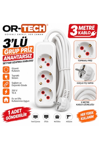 Or-tech 3'lü Priz Üçlü Priz Anahtarsız Seyyar Uzatma Kablosu Grup Priz 3 M